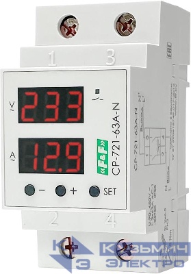 Реле напряжения с контролем тока и мощности CP-721-63A-N 1ф 2НО 2х63А с разрывом нейтрали в соответствии с ПУЭ 7.1.21 и предназнач. для защ. сети бытовой техники от повыш. или пониж. напржения в сети F&F EA04.009.028