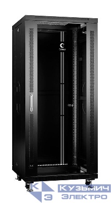 Шкаф монтажный телекоммуникационный напольный SH-05C-27U60/60-BK 19дюйм для распред. и серверн. оборудования 27U 600х600х1388мм передн. стеклян. и задн. сплошн. метал. двери ручка с замком черн. (RAL 9004) Cabeus 8557c