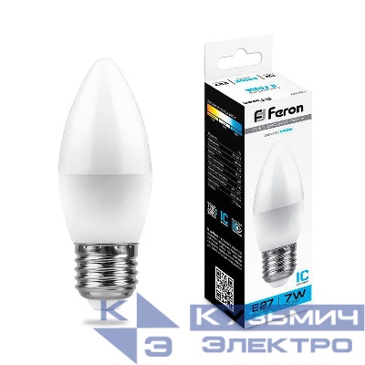 Лампа светодиодная LB-97 7Вт C37 свеча 6400К E27 230В FERON 25883