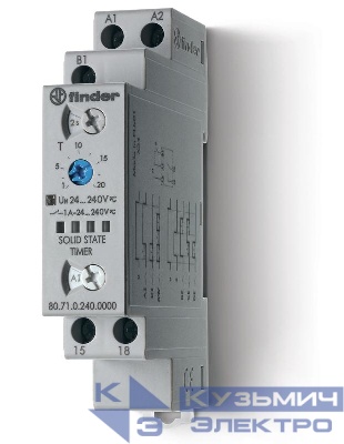 Таймер модульный мультифункциональный (AI DI SW BE CE DE) 24…240В AC/DC выход - твердотельное реле 1NO 1А 17.5мм регулировка времени 0.1с…24ч IP20 FINDER 807102400000