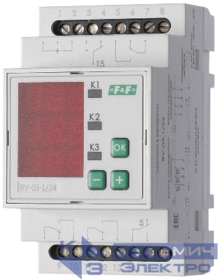 Реле времени RV-03-1/24 4х8А 24В AC/DC 4NO/NC IP20 многофункц. 3-х канал. 9 режимов работы с входами START диапазон выдержки времени 0с-99ч 59мин; 3мод. монтаж на DIN-рейке F&F EA02.001.029