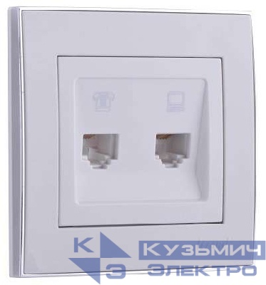 Розетка компьютерная + телефонная 2-м СП Rain RJ45 + RJ11 с хром. боковой вставкой бел. LEZARD 703-0225-143