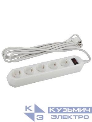 Удлинитель с сетевым фильтром 5х5м с заземл. 10А IP20 USF-5es-5m-W ПВС 3х0.75 с выкл. бел. Эра Б0019738