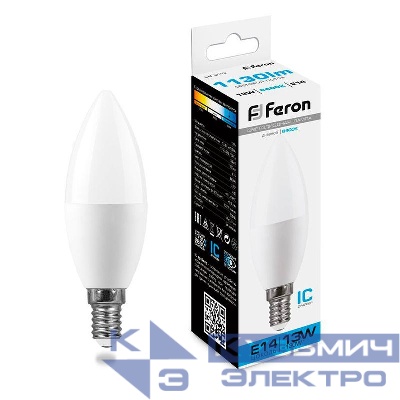 Лампа светодиодная LB-970 13Вт C37 свеча 6400К E14 230В FERON 38109