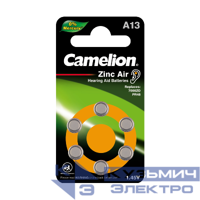 Элемент питания ZA13 Mercury Free A13-BP6 (0%Hg) 1.4В 280мА.ч для слуховых аппаратов BL-6 (блист.6шт) Camelion 12824