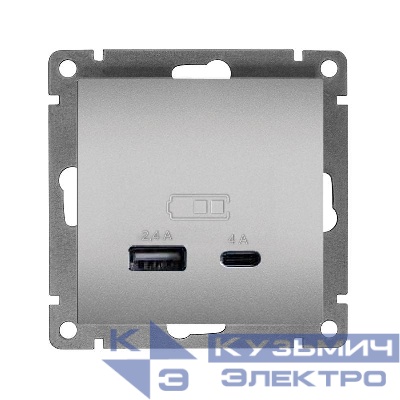 Розетка 2-м USB СП Афина тип А+С 5В 1х2.4А 2х4А механизм серебро Universal А0059-S