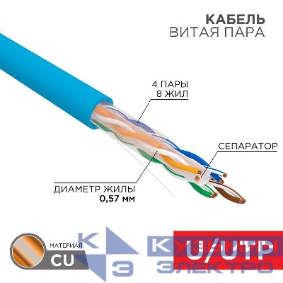 Кабель витая пара U/UTP кат.6 4х2х23AWG solid CU PVC син. (м) Rexant 01-0047