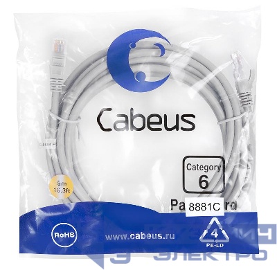 Патч-корд U/UTP кат.6 PC-UTP-RJ45-Cat.6-5m-LSZH 2xRJ45/8p8c неэкранир. LSZH 5м сер. Cabeus 8881c