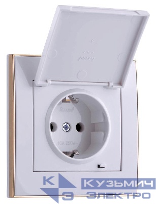 Розетка 1-м СП Rain с заземл. с защ. крышкой керамика с зол. боковой вставкой бел. LEZARD 703-0226-123