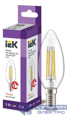 Лампа светодиодная филаментная 360° 5Вт C35 свеча 3000К E14 230В прозр. IEK LLF-C35-5-230-30-E14-CL
