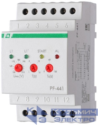 Переключатель фаз PF-441 (1ф АВР для раб. с генерат. устан.; контр. запуска генерат.; контр. нижн. и верхн. порогов напряж.; регулир. задержка откл. по нижн. порогу; 3 мод. монтаж на DIN-рейке 35мм 2х230+N 3х16А 3NO IP20) F&F EA04.005.002