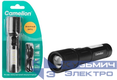 Фонарь аккумуляторный LED29365 3.7В LD+12SMD+6RED 6 реж. Type-C блист. черн. Camelion 16217