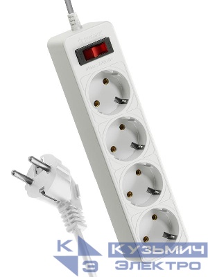 Удлинитель с сетевым фильтром 4х1.5м с заземл. 10А IP20 2.2кВт 3х0.75 с предохранителем с выкл. с индикатором сети КОСМОС FKsm1.5m-4g(W)