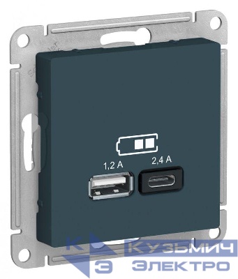 Розетка USB AtlasDesign тип A+C 5В/2.4А 2х5В/1.2А механизм изумруд SE ATN000839