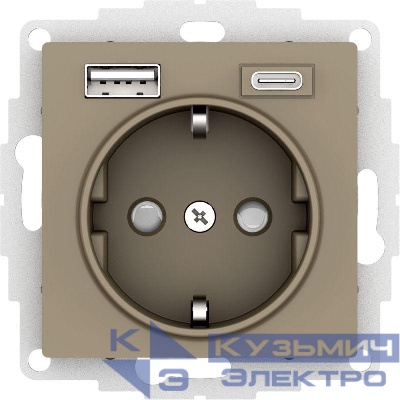 Розетка AtlasDesign 16А с 2-мя заряд. устройствами USB тип A+C 5В/2.4А/3.0А 2х5В/1.5А механизм шампань SE ATN000532