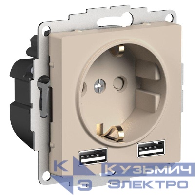 Розетка AtlasDesign 16А с 2-мя заряд. устройствами USB тип A+A 5В/2.4А 2х5В/1.2А механизм песочн. SE ATN001230