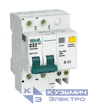 Выключатель автоматический дифференциального тока 2п 32А 300мА ДИФ-101 S селект. со встроен. защит. от сверхтоков DEKraft 15306DEK