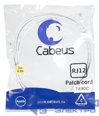 Патч-корд телефонный PC-TEL-RJ12-3m 2х6р4с PVC 3м бел. Cabeus 7890c