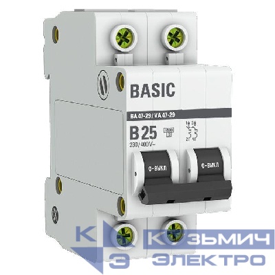 Выключатель автоматический модульный 2п B 25А 4.5кА ВА 47-29 Basic EKF mcb4729-2-25-B