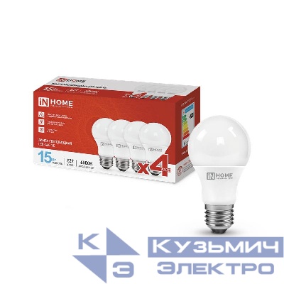 Лампа светодиодная LED-A60-VC 4PACK 15Вт 230В E27 6500К 1430лм (уп.4шт) IN HOME 4690612047690