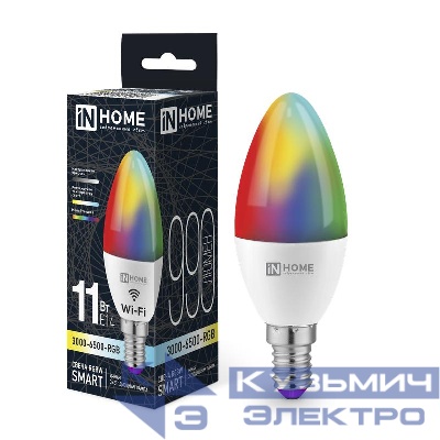 Лампа светодиодная LED-СВЕЧА-RGBW-SMART 11Вт 3000-6500К E14 990лм 230В димм. IN HOME 4690612050041