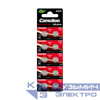 Элемент питания алкалиновый "таблетка" LR521/379A/G 0 Mercury Free AG0-BP0%Hg для часов BL-10 (блист.10шт) Camelion 12808