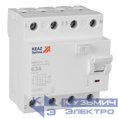 Выключатель дифференциального тока (УЗО) 4п 63А 300мА тип AC 4.5кА OptiDin DM63-4463 УХЛ4 КЭАЗ 343905