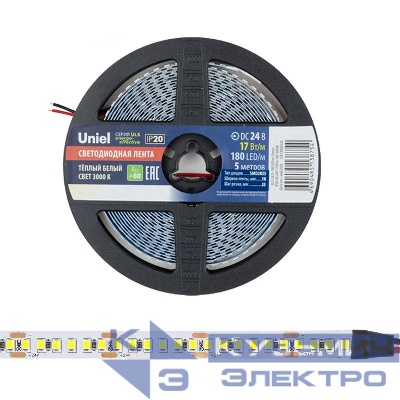 Лента светодиодная ULS-2835-180LED/m-10mm-IP20-DC24V-17W/m-5M-3000K 17Вт/м 180LED/м 3000К тепл. бел. IP20 24В DC 10мм гибкая на самоклеящейся основе герметичн. упак. (уп.5м) Uniel UL-00007642