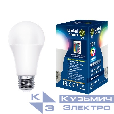 Лампа светодиодная LED-A60-10W/RGB/E27/REG PLS21WH 10Вт матовая E27 с ИК сенсором RGB свет пульт ДУ (н/к) (упак. картон) Uniel UL-00006530