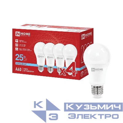Лампа светодиодная LED-A60-VC 4PACK 25Вт грушевидная 6500К E27 2380лм 230В (уп.4шт) IN HOME 4690612063089