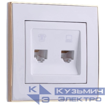 Розетка компьютерная + телефонная 2-м СП Rain RJ45 + RJ11 с зол. боковой вставкой бел. LEZARD 703-0226-143