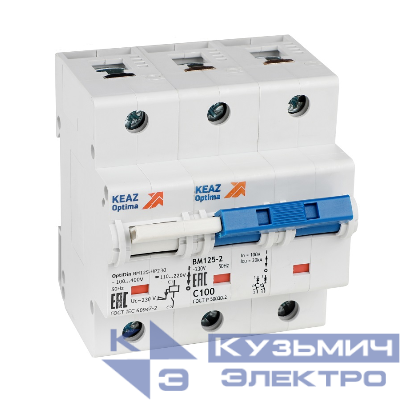 Выключатель автоматический модульный 2п D 100А 10кА OptiDin BM125-2D100-НР-14ln-УХЛ3 с независимым расцепителем КЭАЗ 336371