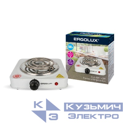 Электроплитка ELX-EP01-C01 1 конф. спиральный нагр. эл. 1000Вт 220-240В бел. Ergolux 13436