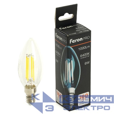Лампа светодиодная LB-1206 6Вт C35 свеча прозрачная 6400К E14 1000лм 175-265В FERON 51246