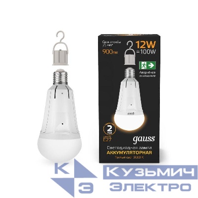Лампа светодиодная Black 12Вт A80 грушевидная 3000К тепл. бел. E27 900лм авар. аккум. Li-Ion GAUSS 102002112