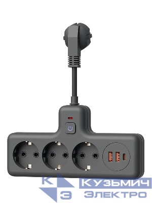 Удлинитель с сетевым фильтром 3х0.3м 10А 2USB + 1USBC 2500Вт ПВС 3х1 компакт черн. КОСМОС FRKsm0.3m-3g(B)USB