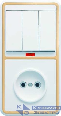 Блок БКВР-212 Бэлла (3-кл. выкл. с инд. + розетка) зол. Кунцево 5842