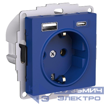 Розетка AtlasDesign 16А с 2-мя заряд. устройствами USB тип A+C 5В/2.4А/3.0А 2х5В/1.5А механизм аквамарин SE ATN001132