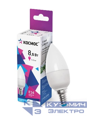 Лампа светодиодная 8.5Вт свеча 6500К холод. бел. E14 220В КОСМОС LkecLED8.5wCNE1465