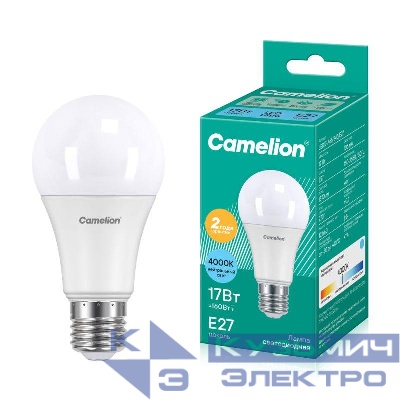 Лампа светодиодная LED17-А65/845/E27 17Вт грушевидная 4500К бел. E27 1530лм 170-265В Camelion 12309