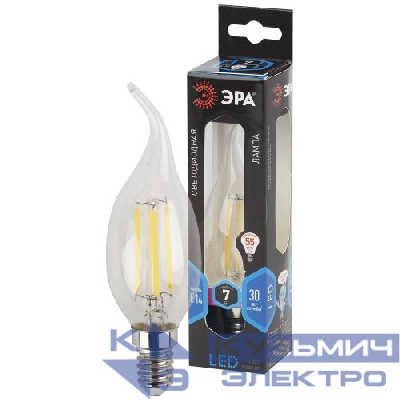 Лампа светодиодная филаментная F-LED BXS-7W-840-E14 7Вт свеча на ветру прозрачная 4000К нейтр. бел. E14 910лм 170-265В Эра Б0027945
