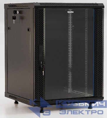 Шкаф настенный TWB-FC-1866-GP-RAL9004 19дюйм. 18U 908х600х600мм стекл. дверь с перфорацией по бокам ручка с замком с возмож. установки на ножки черн. (разобранный) Hyperline 395560