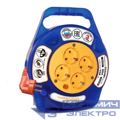 Удлинитель в закрыт. корпусе 4х20м с заземл. 6А IP20 У10-015 ПВС 3х0.75 термозащита защ. шторки UNIVersal 1672