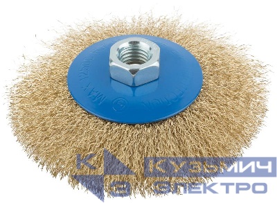 Корщетка тип "колесо" с наклоном гайка М14 стальная волнистая латунированная проволока 115мм MOS 38927М