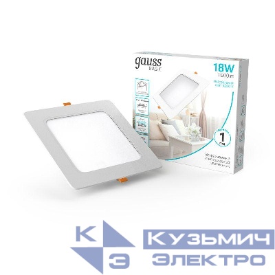 Светильник светодиодный Basic Downlight 18Вт 4000К IP20 1600лм 170х26 170-260В монтаж. квадрат бел. 1/60 GAUSS 9031420218