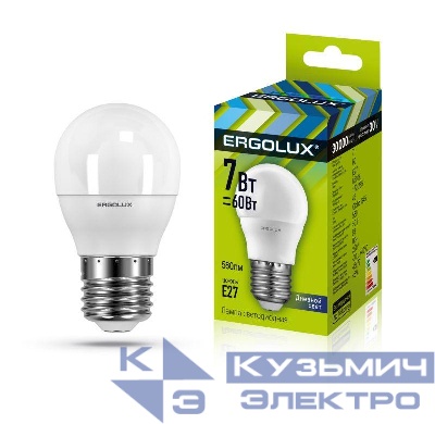 Лампа светодиодная LED-G45-7W-E27-6500K 172-265В "Шар" Ergolux 12877