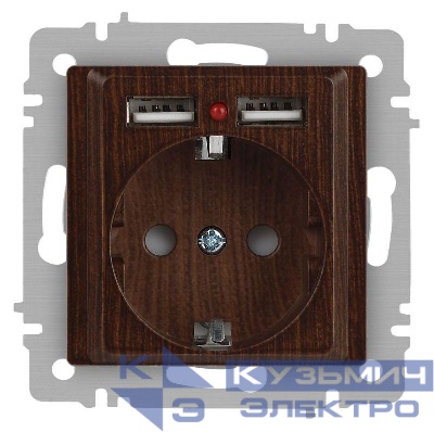 Розетка 1-м СП Accent 6-410-10 16А IP20 250В P+E Schuko + 2хUSB защ. шторки венге Intro Б0063717