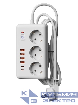 Удлинитель с сетевым фильтром 3х5м 10А 4USB + 2USBC 2500Вт ПВС 3х1 прямоуг. бел. КОСМОС FKsmPR-5m-3g(W)USB