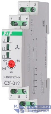 Реле контроля и наличия фаз CZF-312 (монтаж на DIN-рейке 35мм; регулировка порога; без задержки отключения; 3х400/230+N 2х8А 1Z 1R IP20) F&F EA04.001.007