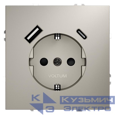 Розетка 1-м СП S70 16А с USB A+С с заземл. защ. шторки механизм кашемир Voltum VLS040503